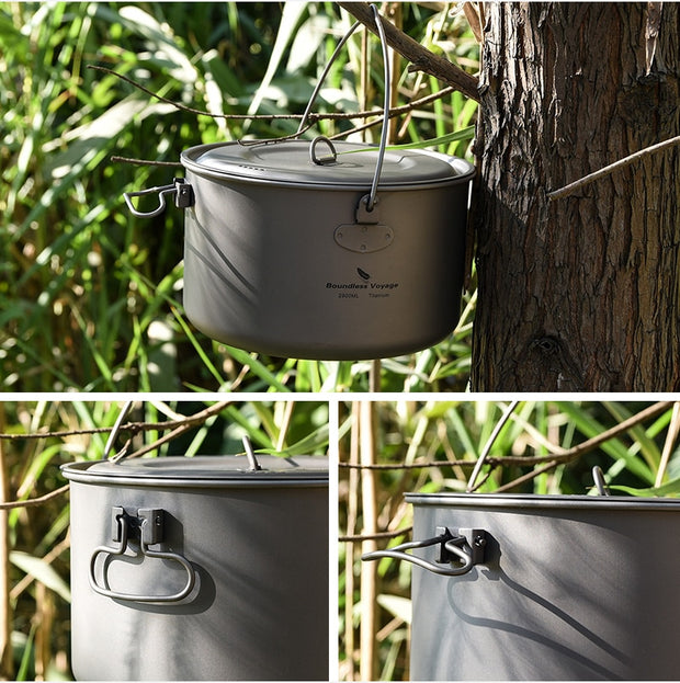 Boundless Voyage 2900ml 1950ml 1300ml Big Capacity Titanium Camping Pot  Outdoor Hanging Pot Portable Camping Picnic Water Cup