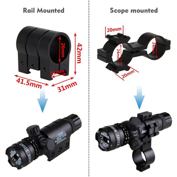 Tactical Green/Red Hunting Laser Dot Sight Adjustable Up Down Left Right Laser Pointer+2* Rifle Scope Mount+Switch+18650+Charger - The Gear Guy