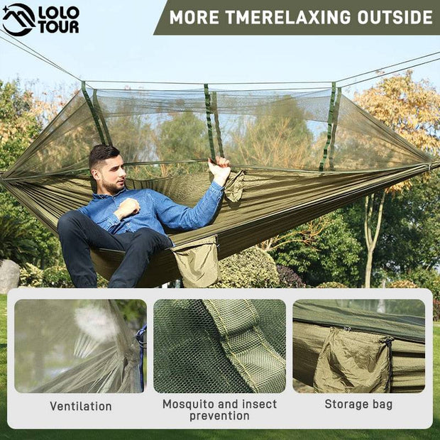 260x140cm Camping Hammock with Mosquito Net Double Travel Hanging Sleeping Bed Swing with Tree Straps for Travel Survival Garden - The Gear Guy