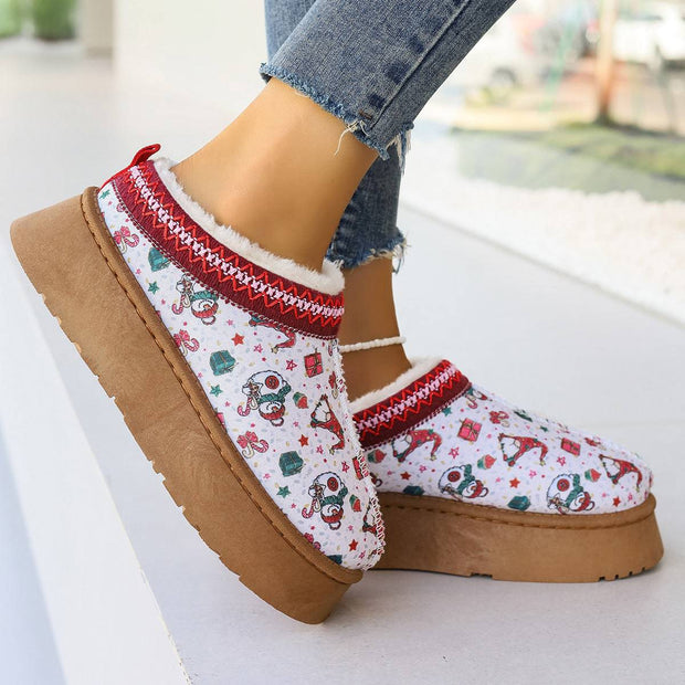 Women's Cartoon Christmas Print Ankle Boots Casual Slip On Plush Lined Home Shoes Comfortable Winter Short Boots - The Gear Guy
