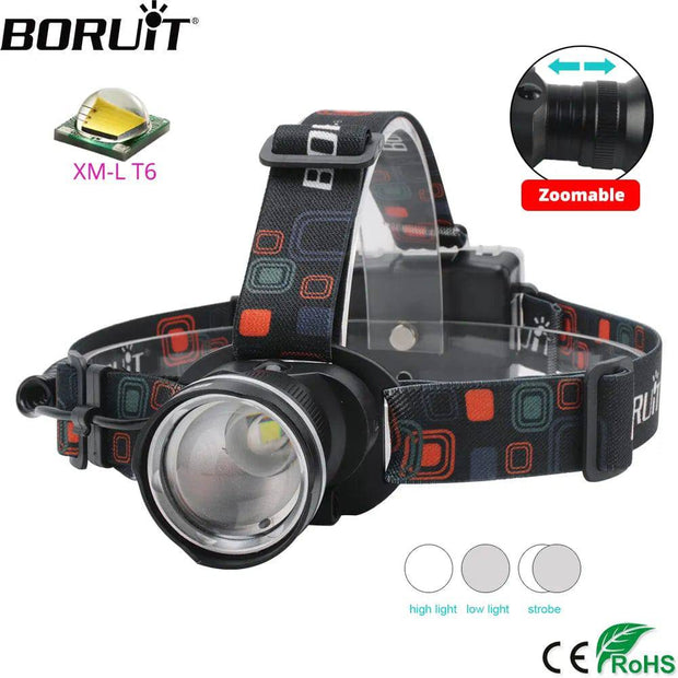 BORUiT RJ-2166 Zoom Headlamp LED Powerful Headlight Waterproof Head Torch Camping Hunting Flashlight Use AA Battery - The Gear Guy